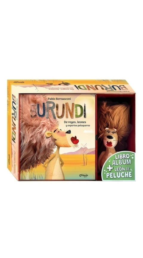 Portada del libro infantil Burundi cofre: De reyes, leones y expertos peluqueros Libro + peluche